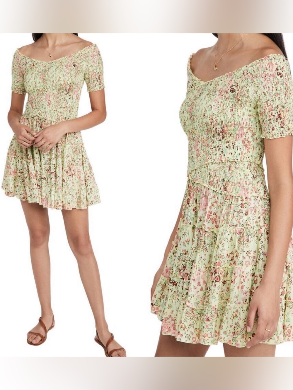 Poupette St Barth Soledad Green Murrina Smocked Tiered Mini Dress L